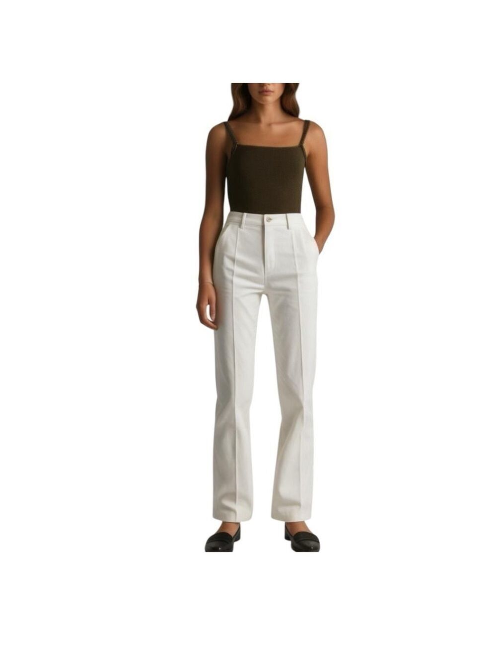 TAHARI Terry Pant Joey White Size 12 Straight Leg Stretchy Pants 33” Inseam NWT